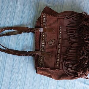 Christian Audigier Brown Tote with Fringe and Studs